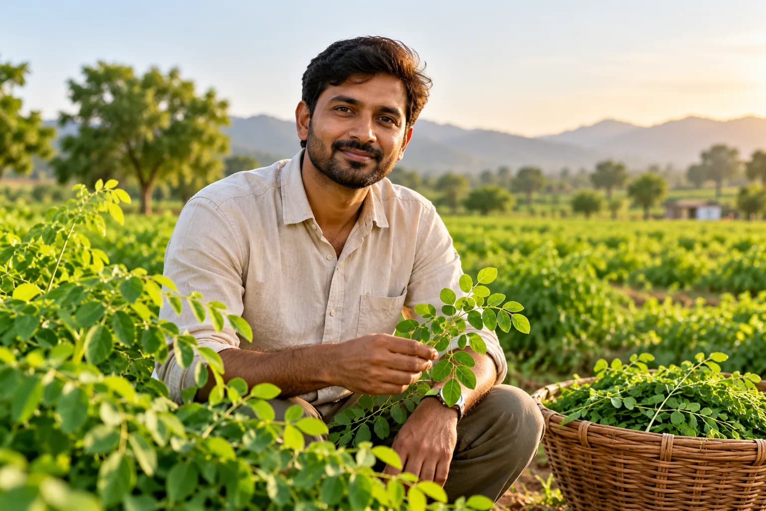 A grower standing in a moringa field