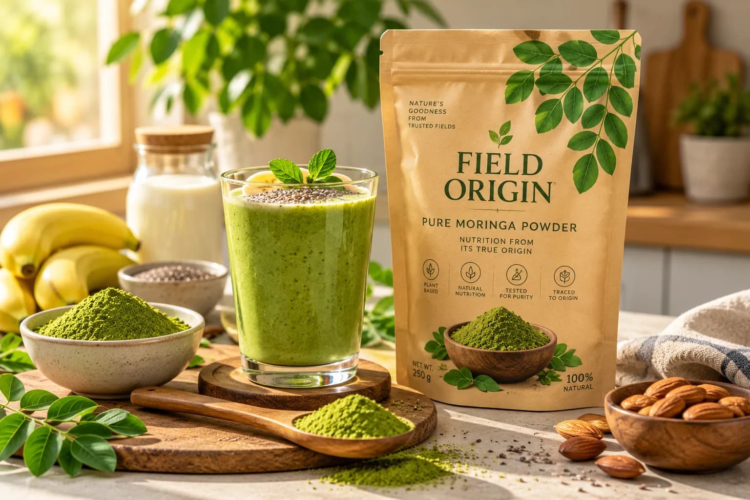 A spoon of moringa powder over a smoothie