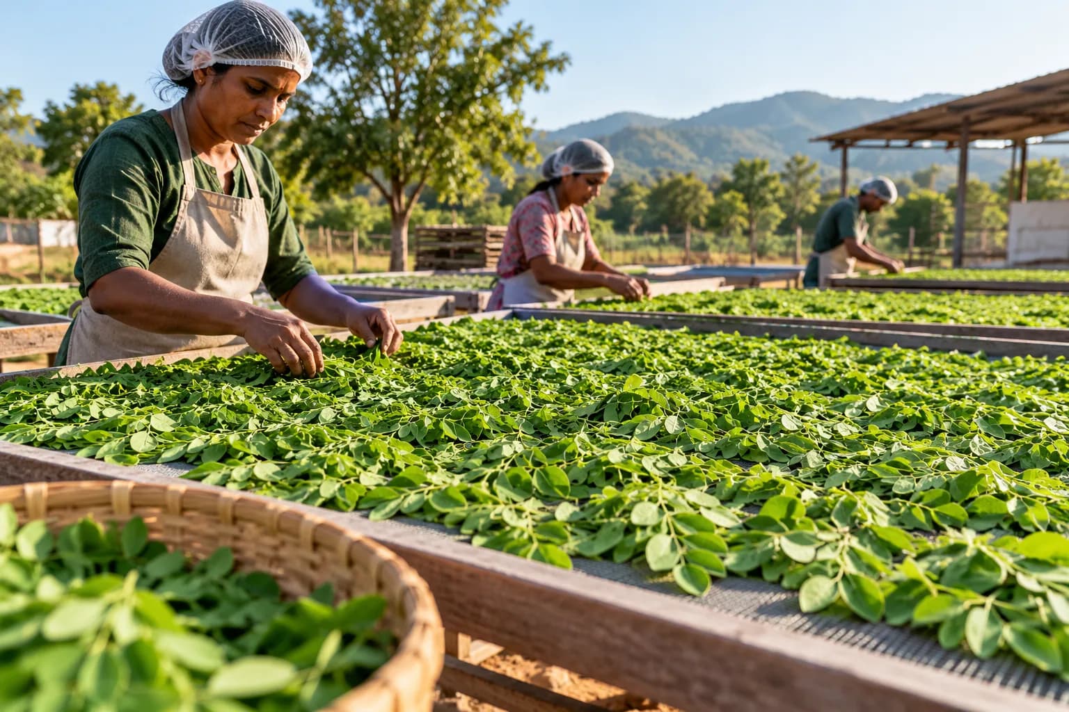 Moringa leaves drying in the shade