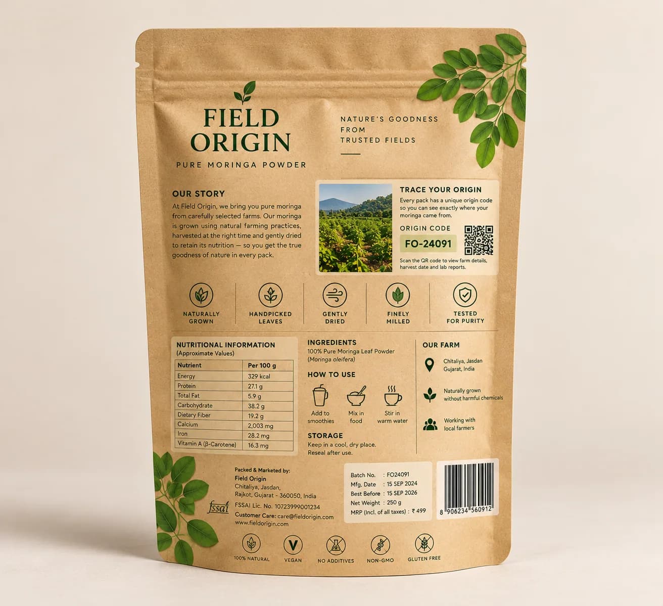 Moringa leaf powder pouch, back with origin code