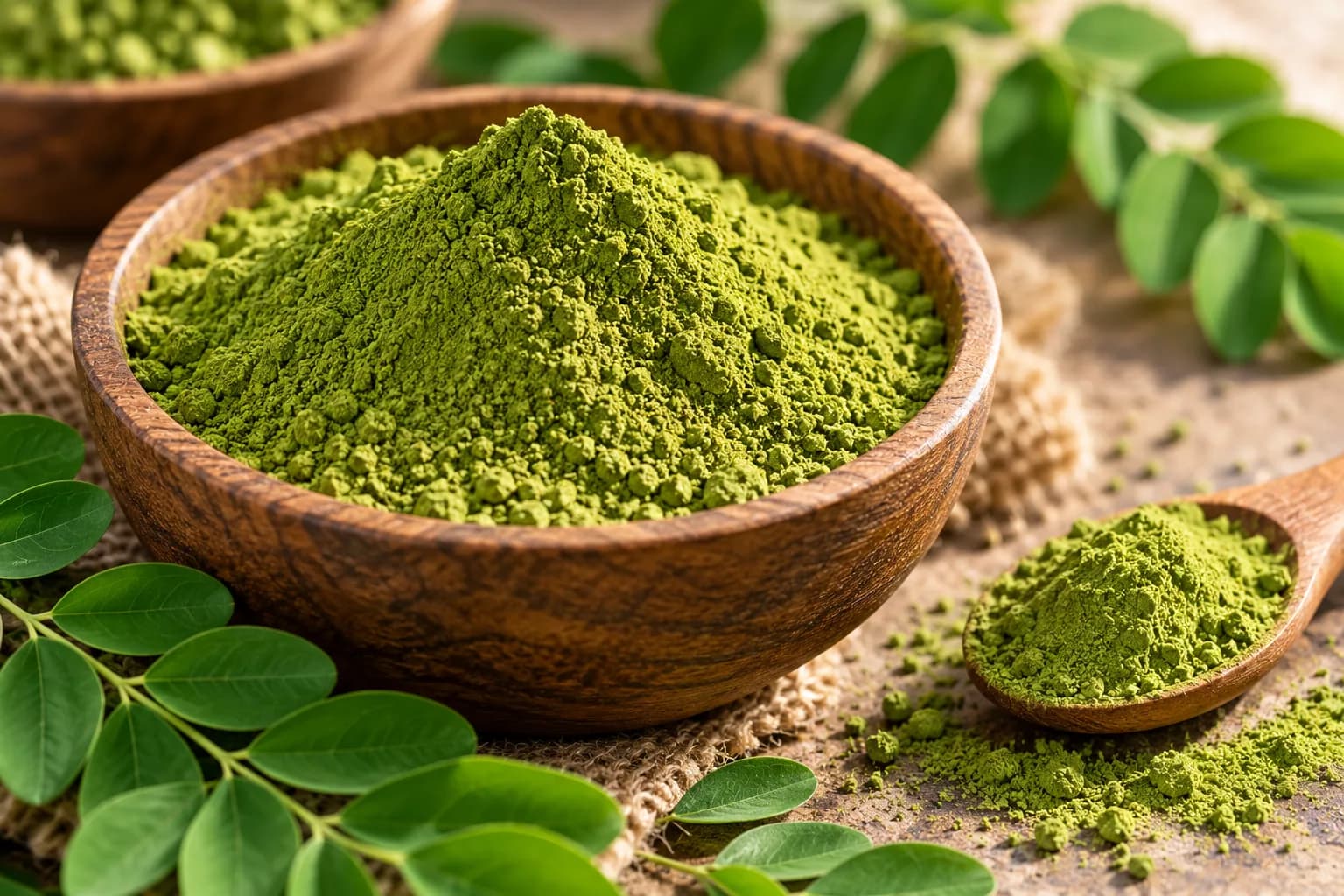 Fine green moringa powder in a bowl