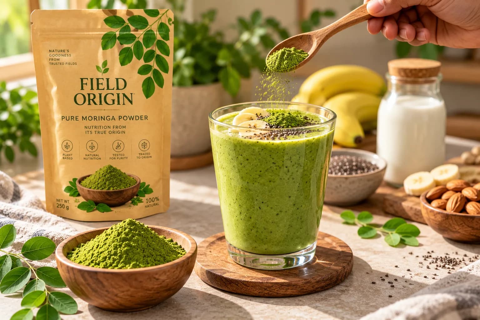 A green smoothie with a spoon of moringa powder