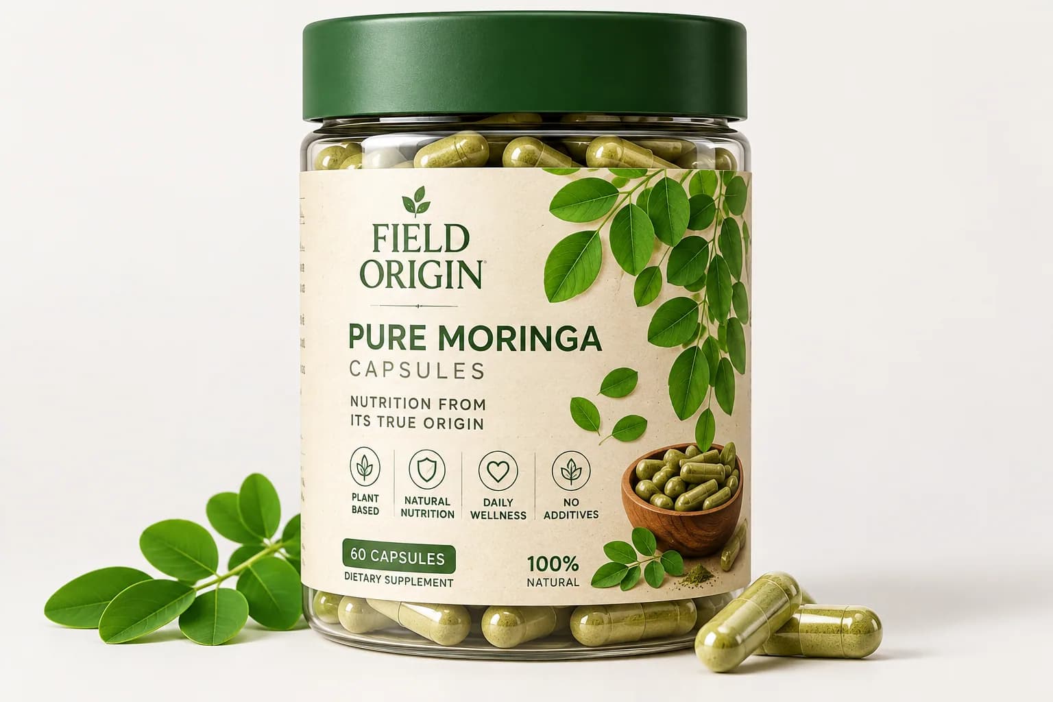 Field Origin moringa capsules jar