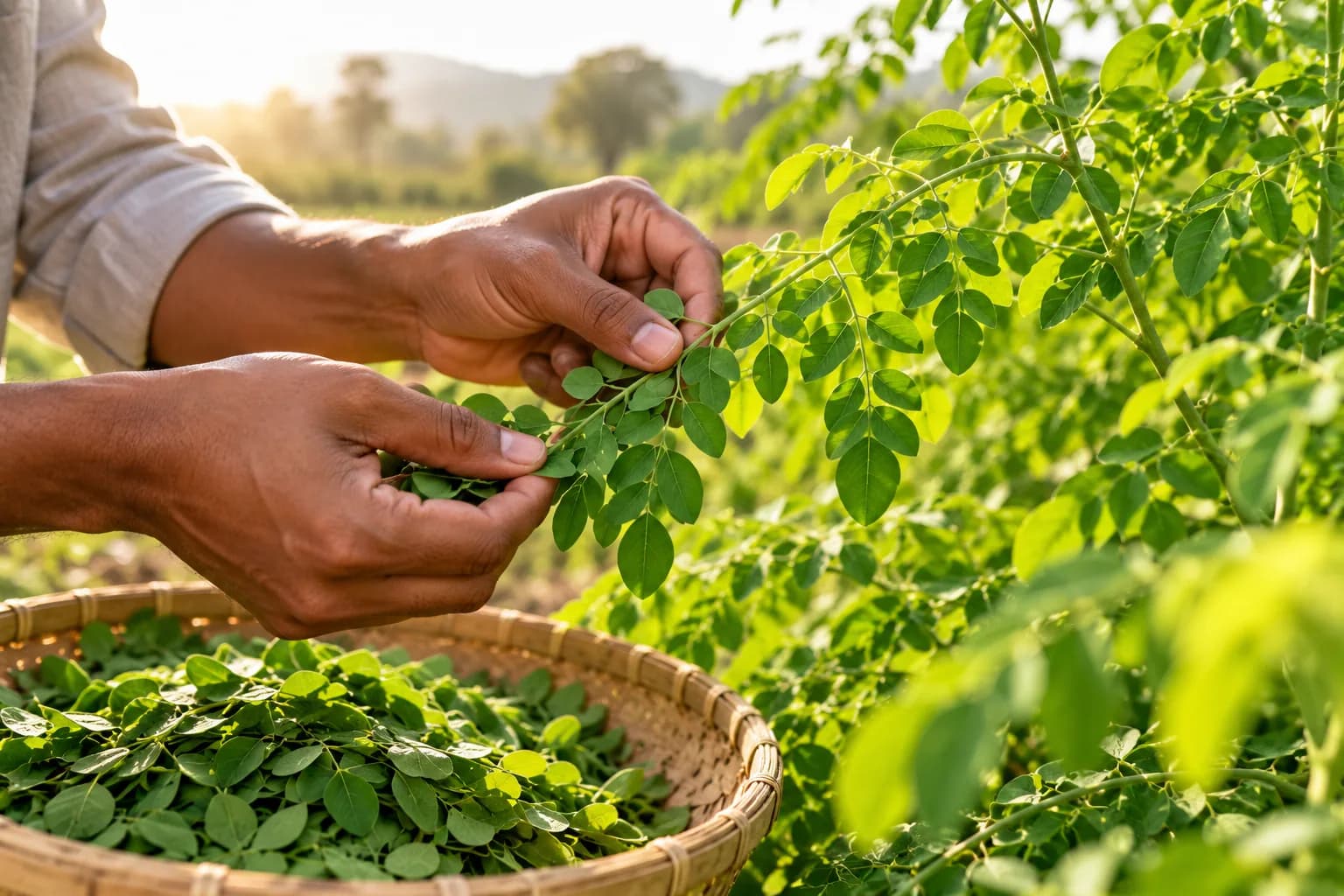 Hands picking moringa leaves