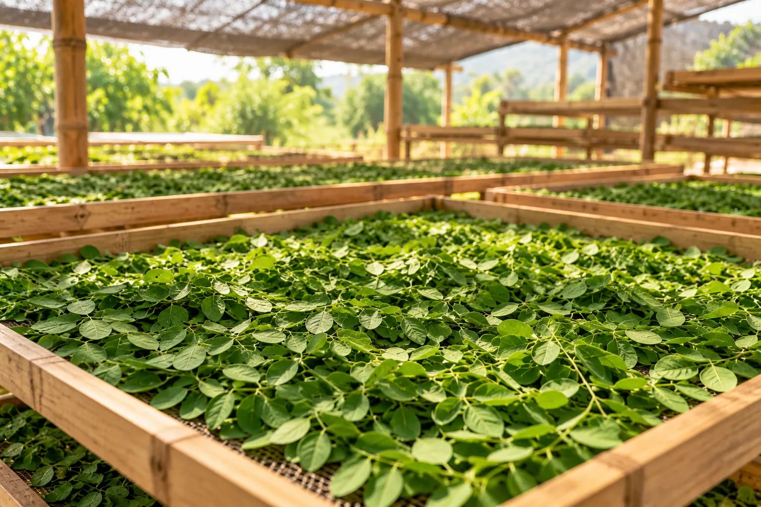 Moringa leaves drying in the shade