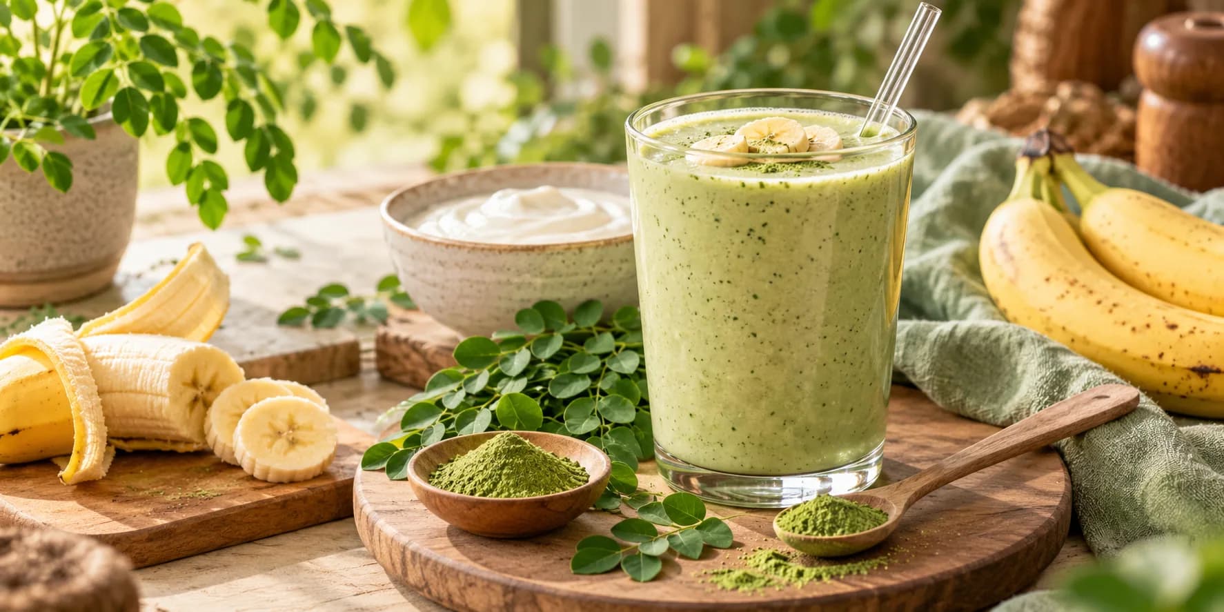 A green smoothie in a glass beside a banana