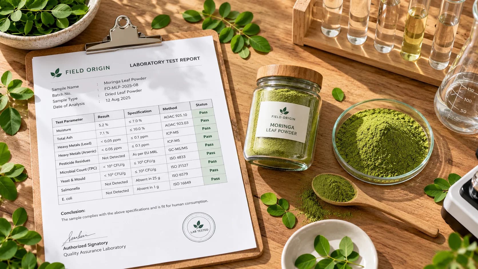 A lab report next to a sample jar