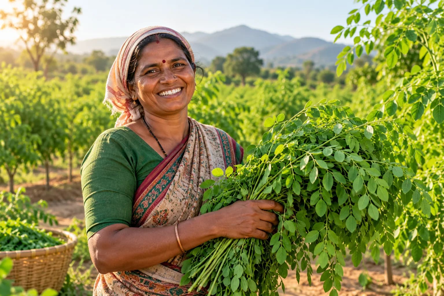 A grower at Gohil Farm among moringa trees